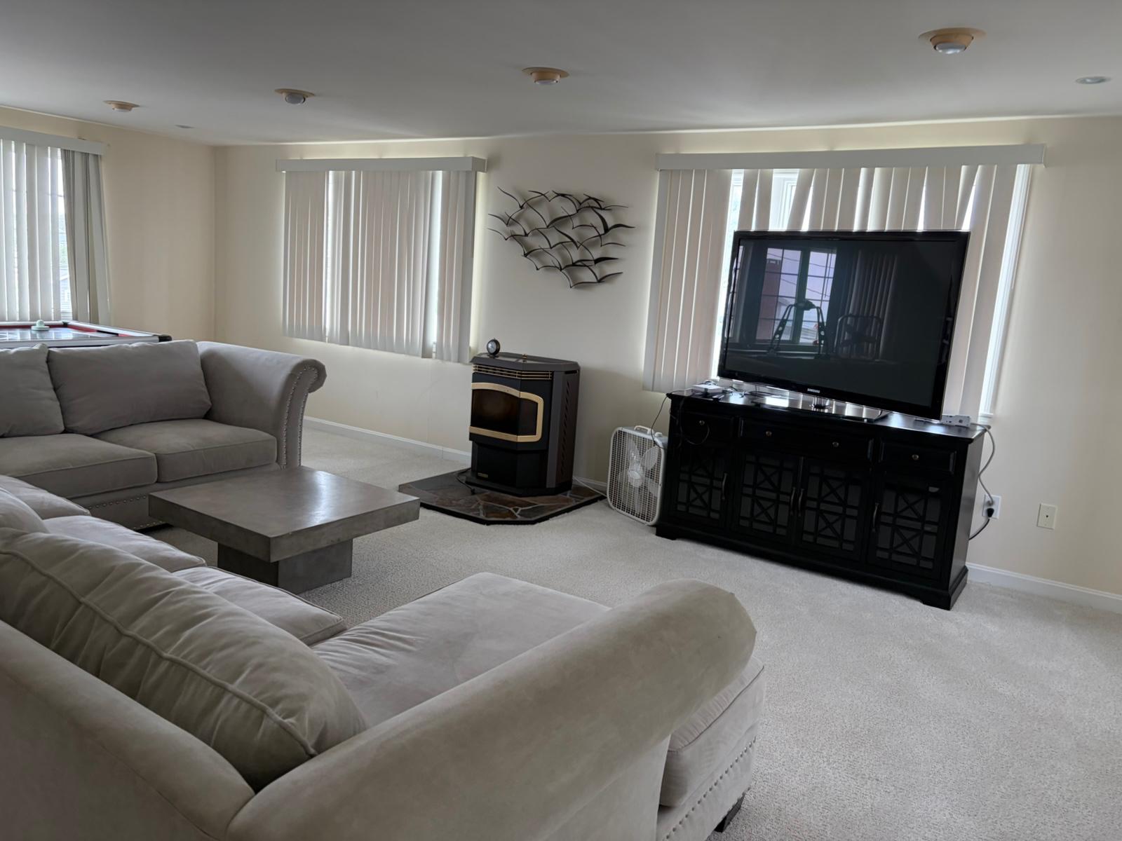 Clean gray living room with spotless carpet
